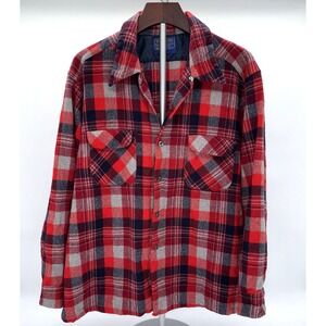PENDLETON Board Shirt Red Grey Black Long Sleeve Men's Virgin Wool Made In USA